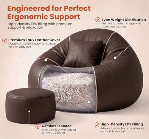 Image of Sattva Piping 3XL Sofa Style Bean Bag Chair with Beans Filled | Faux Leather Bin Bags Set with Footstool & Cushion | Beam Bag for Adults, Teens, Home & Living Room - Brown with Beige Piping