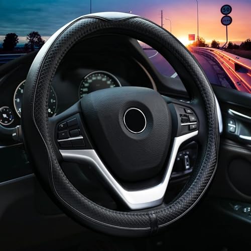 Valleycomfy Universal 15-Inch Genuine Leather Steering Wheel Cover - Breathable, Anti-Slip, Odor-Free (Black with Black Lines)
