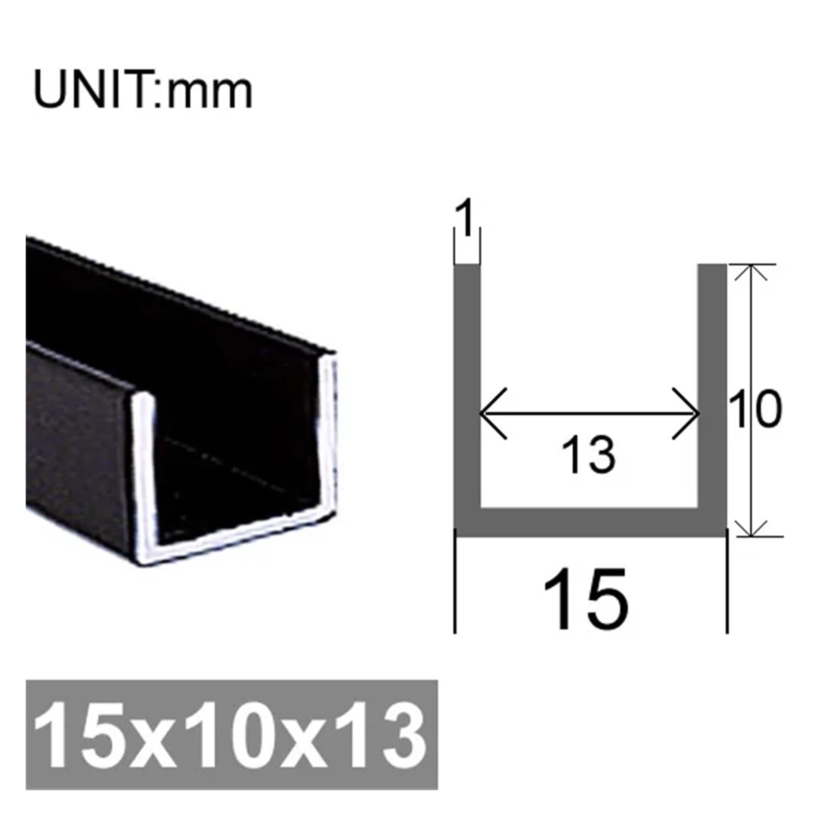 Tube en aluminium Profilé en U noir 6063T5, rainure en aluminium, bordure équilatérale(15x10x13mm)