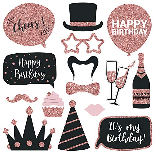 Fully Assembled Birthday Photo Booth Props. 30 Piece Box Set Of Rose Gold And Pink Selfie Party Supplies And Decorations Kit With Real Glitter Cute Bday Designs For Women - Did We Mention No Diy? #TOP3