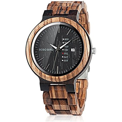 BOBO BIRD Mens Wooden Watch Analog Quartz with Week Display Lightweight Handmade Wood Wrist Watch for Men (Black Dial) Cover