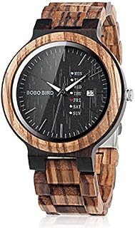 BOBO BIRD Mens Wooden Watch Analog Quartz with Week Display Lightweight Handmade Wood