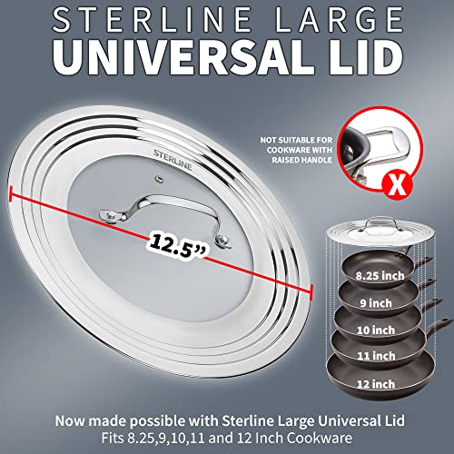 Sterline Universal Lids Set With Tempered Glass Top - Fits 5-12 Inch Pots, Pan, And Skillets - Set Of 2, Large And Small, Stainless Steel Replacement Pot Lid For Kitchen Organizing, Space Saving #TOP1