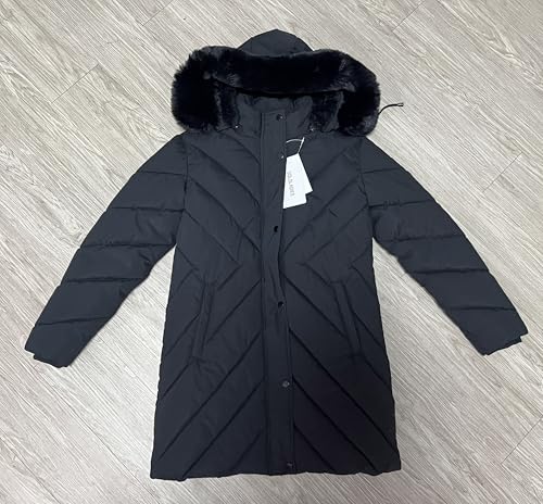 GOLDLADIES Long Winter Puffer Coat, Black Quilted Down Jacket with Faux Fur Hood2