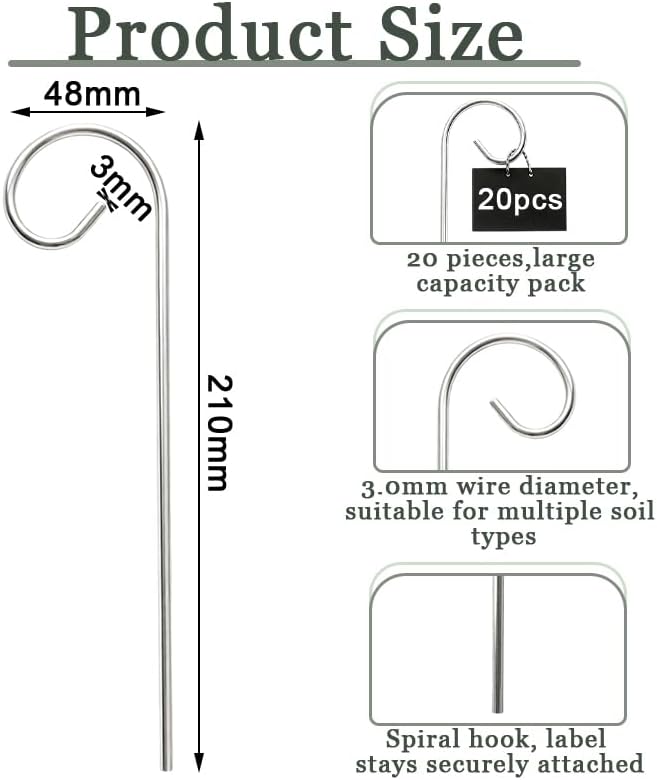 20Pcs Silver Plant Label Hooks, 20cm Rustproof Garden Marker Stakes with Hanging Rods, Durable Metal Sign Holders for Flower Pots, Planters, Seed Trays and Outdoor Potted Plants