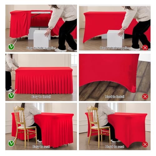 Image of Outpain 6ft Spandex Polyester Blend Tablecloth for Standard Folding Tables - 6 Pack Red Table Protector for Party, Wedding, Banquet, Festival