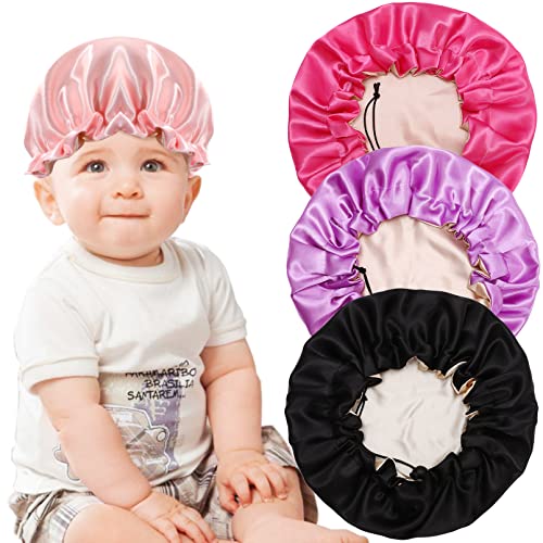 4 Pack Kids Satin Bonnet,Adjustable Sleeping Cap,Reversible Double Layer Sleep Caps,Hair Bonnet Soft Silk Satin Cap Night Hats for Natural Hair Teens Toddler Baby (Pink, Purple, Black, Rose red)