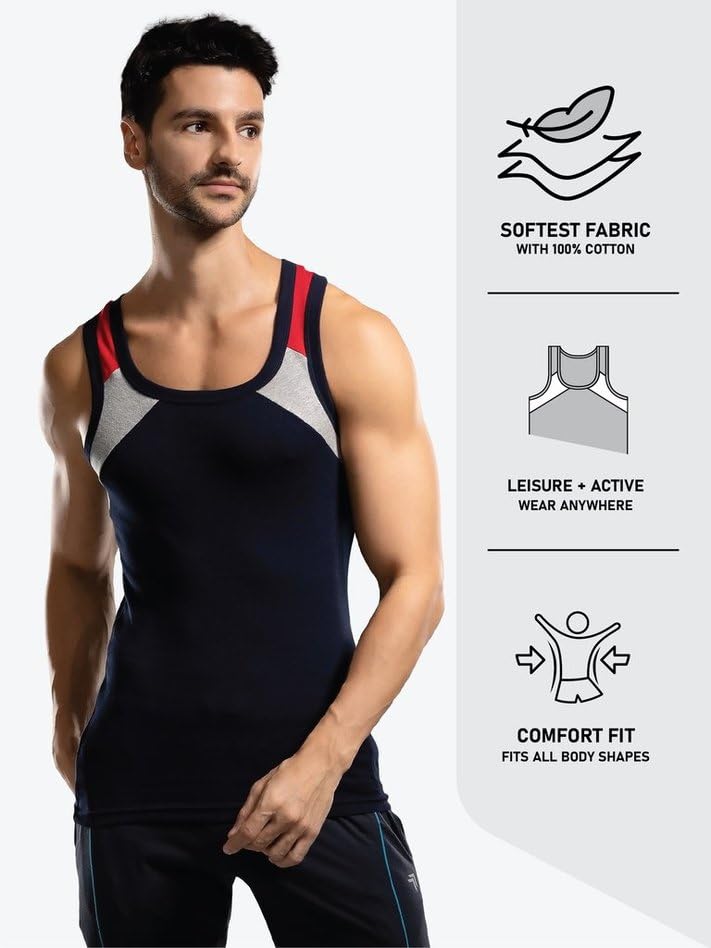 Image of Genx Men's Super Combed Cotton Gym Vest with Sports Style (Pack of 2) (Color May Vary)