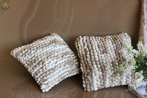 Image of Monstera Hut Boho POM POM Caramel Cushion Cover (Cushion Cover 16x16inch) (40.6 x 40.6 cm) - Combo (Pack of 2)