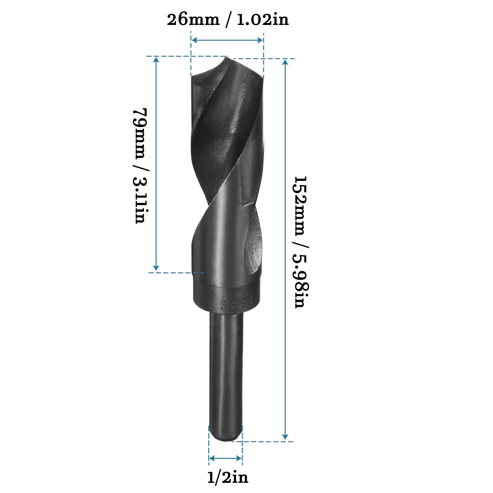 QUARKZMAN 1/2" Vástago 26mm Taladro Barrena x 1uds Alta Velocidad Acero 9341 Reducido Vástago Helicoidales Brocas para Industria Hogar Aluminio Metal, [Nitruro Revestido, Negro]