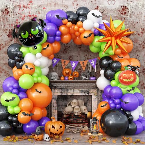 Froova Halloween Balloon Arch Kit with 3D Bat Stickers Pumpkin Bats Star Foil Balloons 126 Pcs Black Orange Green Purple Balloon Garland for Kids Halloween Birthday Party Baby Shower Decorations