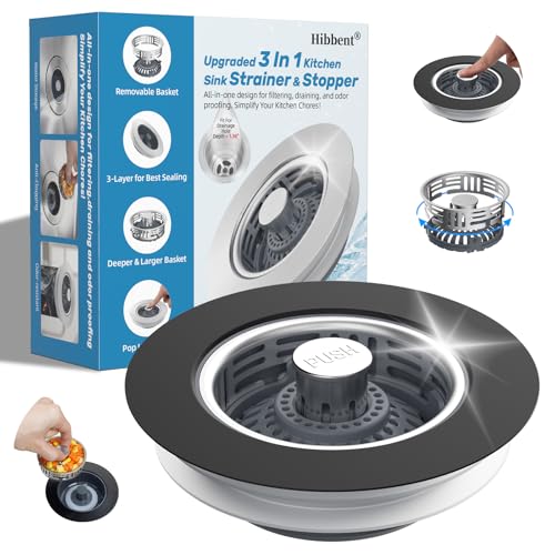 Hibbent 3 in 1 Kitchen Sink Drain Strainer, Stainless Steel Pop Up Stopper