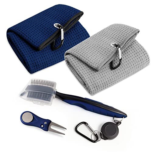 Golf Towels For Men, Microfiber Golf Towel, Waffle Pattern Tri-Fold Golf Accessories For Men | Golf Cleaning Brush | Grey Golf Towel | Golf Towels For Golf Bags With Golf Brush (Navy, Grey) #TOP5