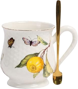 Sizikato Porcelain Mug with Handle and Spoon, 15oz Tea Cup Coffee Cup Milk Cup, Lemon and Butterfly Pattern