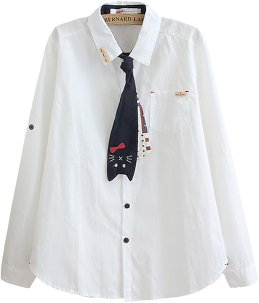 Amazon キャンディ少女 森ガール風 レディース 猫刺繍 ネクタイ シャツ ブラウス 長袖 ホワイトシャツ アニマル 可愛い カジュアル 通学 ゆったり シャツ ブラウス 通販