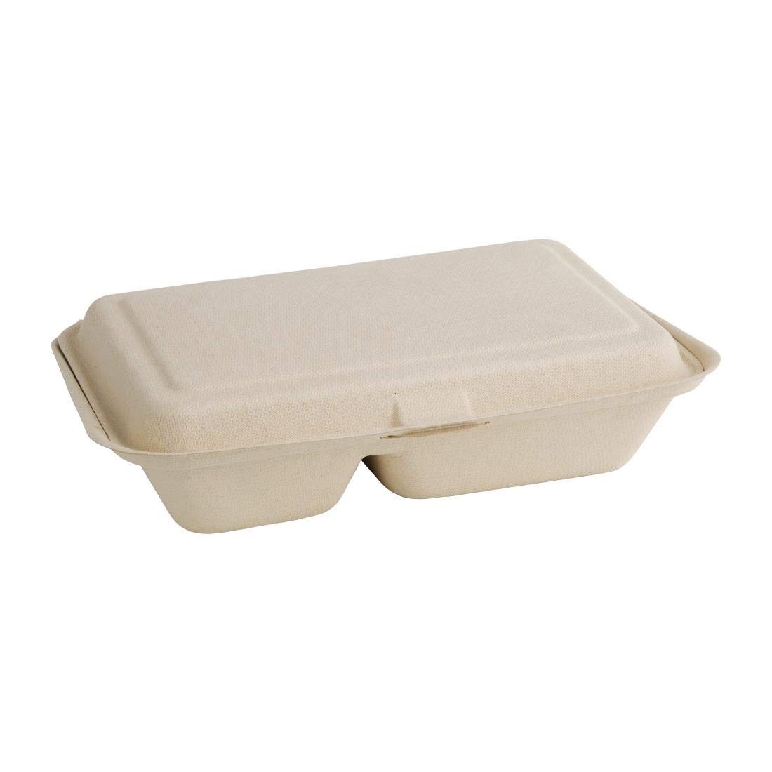 Fiesta Green Recipientes compostables de bagazo de dos compartimentos con bisagras, color natural, 253 mm (paquete de 200)