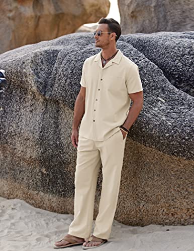 Image of COOFANDY Men 2 Piece Linen Outfit Beach Button Down Shirt Casual Loose Pant Sets