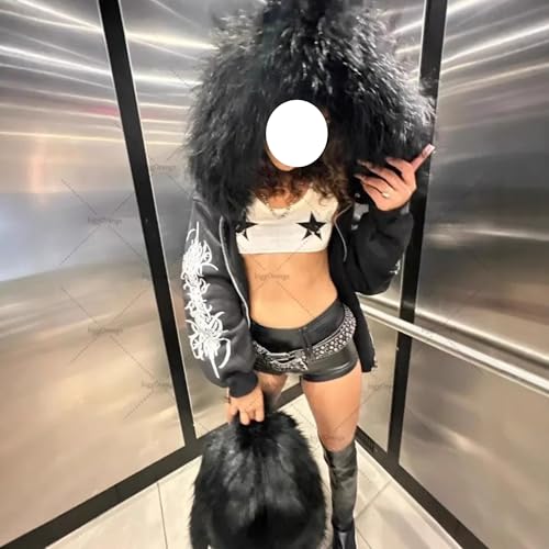 RICHTRUE Grunge Fur Hood Zip Up Hoodie Women Men Y2k Goth Graphic Hoodie Emo Jacket Fall Winter Streetwear Sweatshirt 2000s3