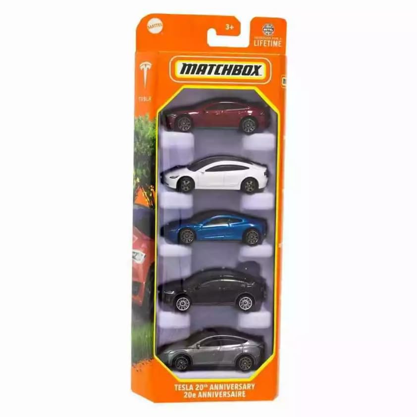 MatchboxTesla 20th Anniversary 5 Pack - 1:64 Scale, Model S, Model 3, X, Y, 2020 Roadster