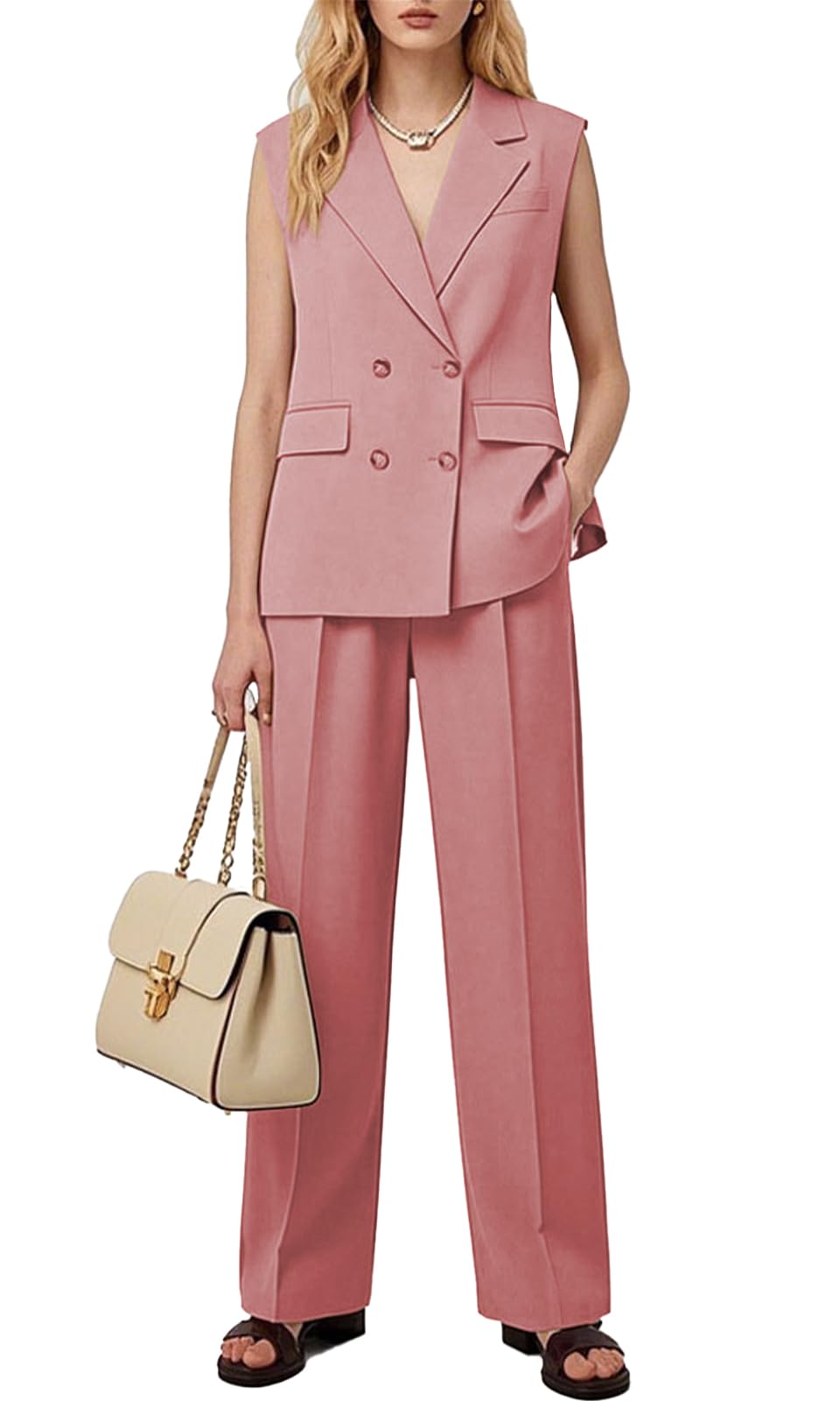 Ensemble 2 pièces habillé et décontracté pour femme - Blazer sans manches - Pantalon large - Pour le travail et le bureau, bleu marine, XXL