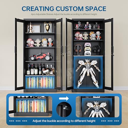 Display Storage Cabinet with Glass Door, 71 Inches Metal Curio Cabinet with 4 Adjustable Shelves, Locking Glass Display Case for Home, Office, Clinic, Pantry, Assemble Required (Black)