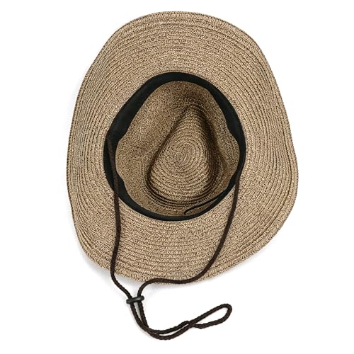 JIAHG Unisex Cowboyhut Strohhut Herren Westernhut Sommerhut Sonnenhut Stroh Panamahut Piratenhut Damen Strandhut Fischerhut Strandmütze (Kaffeebraun B)