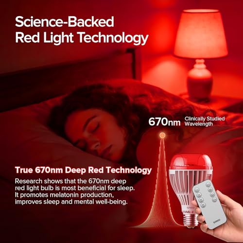 Image of SANSI Red Light Therapy Bulb for Sleep with Remote, 25W A21 E26 | 670nm Dual Mode 3000K Reading Light, Dimmable, Auto-Off Timer, Zero Blue Light, Large Bedroom, Flicker-Free