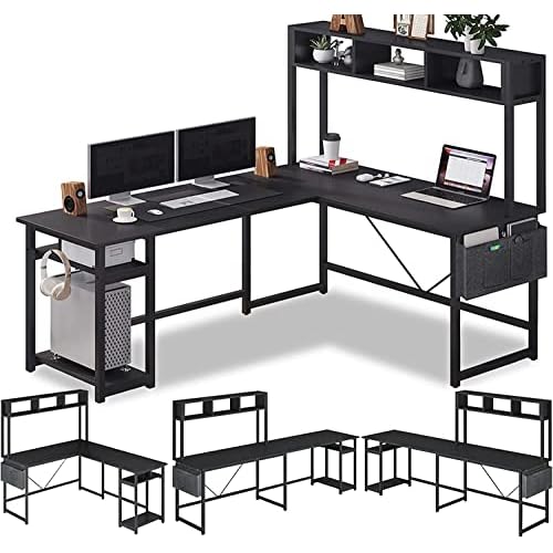 SEDETA L Shaped Gaming Desk, Reversible Computer Desk with Power Outlet and Pegboard, Gaming Desk with Led Lights, Keyboard Tray and Storage Bag for Home Office, Black Black With Power Outle