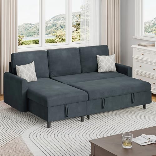 Vongrasig Sofá cama extraíble 2 en 1 con almacenamiento, sofá cama convertible en forma de L de 77 pulgadas con diván de almacenamiento para sala de estar, apartamento, gris oscuro