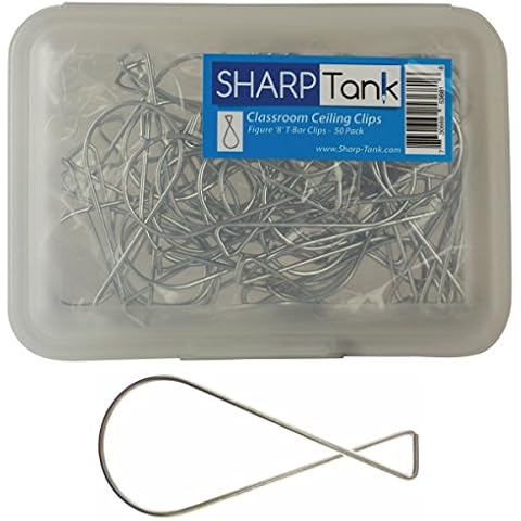SharpTank Classroom Figure 8 T-Bar Squeeze Clip (50 Pack) - Wire Hanging Clip Designed for Displaying Signs, Graphics, Mobiles, and Student Work from Drop-Ceilings - Holds up to 10 lbs Cover