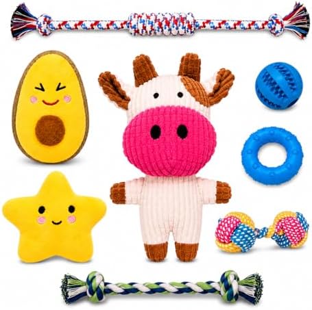 WOOF&MIAU® Pack of 8 Dog Toys | Toys for Small Dogs | Puppy Toys | Interactive Toys for Small Dogs | Stuffed Animals, Ropes, Teether and Refillable Ball