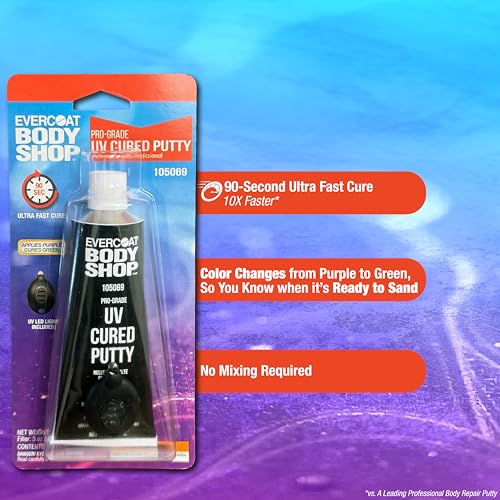 Image of Evercoat Body Shop 105069 UV Cured Putty Ultra Fast Cure, Repairs Small Chips, Dings & Scratches on Cars & More, No Mixing, UV Light Included