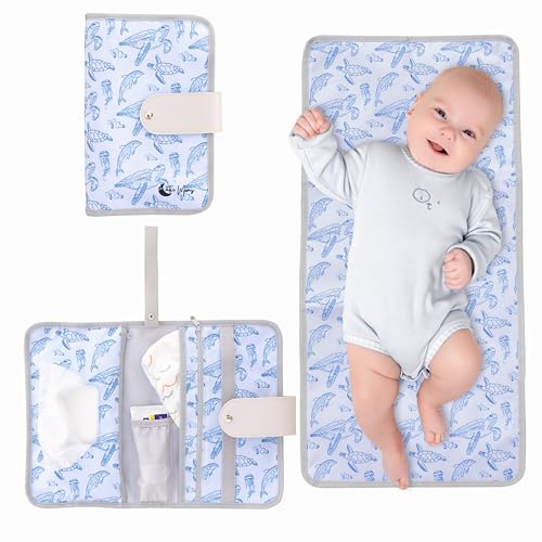 Image of Cutie Moons Portable Changing Pad - Waterproof Travel Changing Pad for Baby - Includes Pockets for Wipes, Diapers and Cream - Baby Shower Gifts- Newborn Girl & Boy- Baby Essentials
