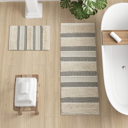 INK+IVY Bath Rug Hand-Woven Texture Shaggy Striped Soft & Water Absorbent, Boho Bathroom Décor Bath-Mats, Non-Slip Absorbent Quick Dry Mats for Tub, Shower Room, Asher, 20x32, Black 1 Piece