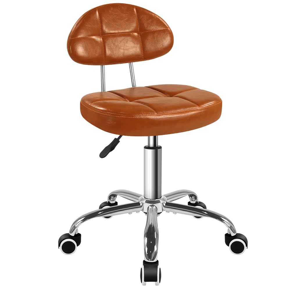 BFTOU Square Minimalist Swivel Stool with Wheel for Work SPA Shop Massage Height-Adjustable Rolling Stool Chair with Back (Orange-Brown)