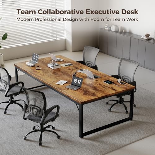 Image of Mericonia 63x28 Inch Computer Desk w /Power Outlets, 1.2 inch Thick Office Table | Modern Simple Style, Heavy Duty Industrial Frame, Large Study & Writing Table for Home Bedroom Work, Brown