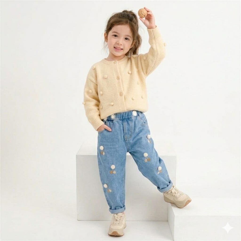 Tagas Jeans in denim stampato da ragazza con design a cartoni animati graffiti|Pantaloni|| Jeans slim regolari per bambini ||Pantaloni rilassati | Pantaloni casual |