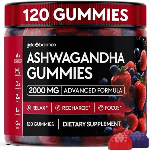 Ashwagandha Gummies – 120 Count – 2000 MG Ashwagandha Supplements with L-Theanine, GABA, Magnesium, Zinc & Vitamin D3 – Sugar-Free, Vegan, Non-GMO–Natural Support for Balance