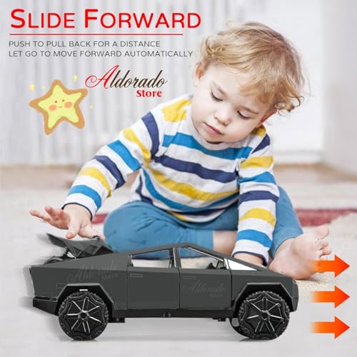 Image of 1:32 Tesla Cybertruck with Pickup Trailer Alloy Car Model Scale Diecast Metal Off-Road Vehicles Truck Model Sound and Light Kids (Gray)