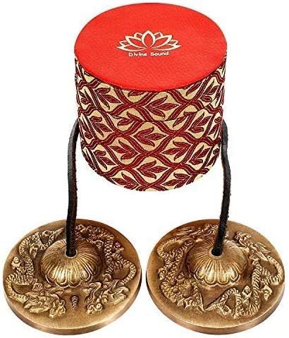 Holy Buddha DRAGON Symbol Mantra engraved Manjira Tingsha Cymbals-Beautiful Gift Box for Meditation,Pray,Yoga,Sound healing, 7.5cm / 3" Tingsha Bell joined by Leather Strap