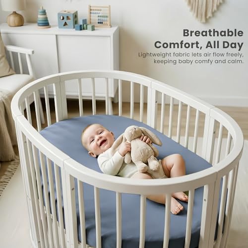 Image of Konssy 3 Pack Stretchy Bassinet Sheets for Baby Girl Boy, Soft Breathable Baby Bassinet Mattress Sheets Fit for Hourglass Oval Cradle, Moses Basket Rectangle Mattress (Blue Moon)