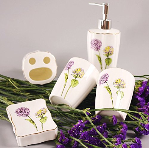 Jruf Dandelion Love Ceramic 5 Piece Set Of Bathroom Accessories, Including Decorative Countertop Soap Box, Toothbrush Holder, Tumbler, Lotion Dispenser, Gift Box (Purple) #TOP1
