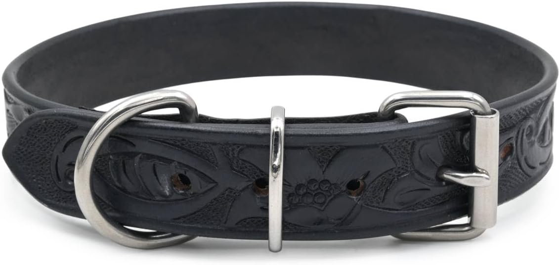 TARICO Adjustable Leather Dog Collar for All Breeds, Heavy Duty Non Padded Pet Collar with Engraved Design Durable Metal Buckle - Tan (Medium: Fits 15–19" Necks)