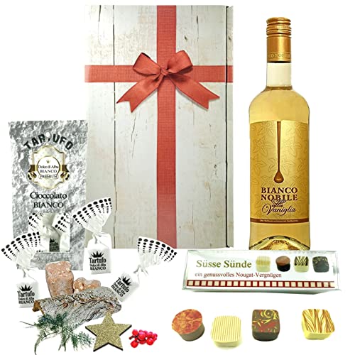 Geburtstagsgeschenk für Frauen & Männer im Geschenkkorb mit Weißwein und Tartufo Schokoladen & Nougat Pralinen Cover