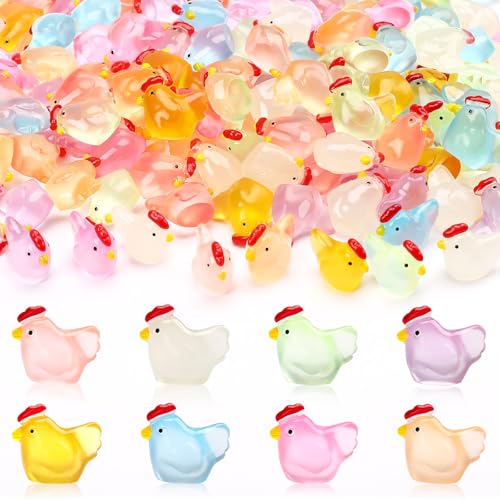 Image of JUNEBRUSHS 50 Pcs Mini Chickens Tiny Resin Chicken Luminous Hen Figurines Glow in The Dark Chicken Ornament for Crafts Home Garden Table Decor