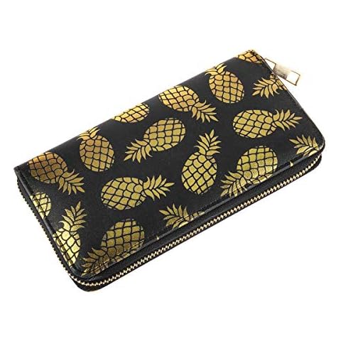 Cute Fruit Print Zip Around Wallet - Purse Card & Phone Donut, Watermelon, Tropical, Ice cream, Pineapple, Pineapple - Metallic Foil/Black, One Size Cover