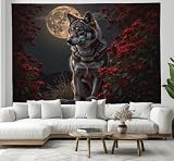 GSAEIMCT Tapiz Luna Llena Rosa Roja Lobo 230 X 180 Cm Estilo De Ilustración Realista Arte Moderno Fantástico Colgante De Pared Dormitorio Sala De Estar Dormitorio Decoración Tela