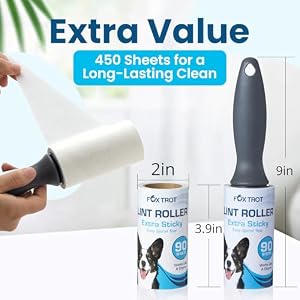Lint Rollers for Pet Hair Extra Sticky - includes 450 Sheets/5 Lint Roller Refills with 2 Durable Handles - Pet Hair Roller for Clothes - Lint Remover for Clothes, Furniture, Carpet by Fox Trot Lint Rollers for Pet Hair Extra Sticky – includes 450 Sheets/5 Lint Roller Refills with 2 Durable Handles – Pet Hair Roller for Clothes – Lint Remover for Clothes, Furniture, Carpet by Fox Trot