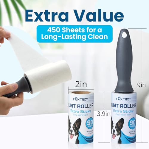 Lint Rollers for Pet Hair Extra Sticky – includes 450 Sheets/5 Lint Roller Refills with 2 Durable Handles – Pet Hair Roller for Clothes – Lint Remover for Clothes, Furniture, Carpet by Fox Trot Lint Rollers for Pet Hair Extra Sticky – includes 450 Sheets/5 Lint Roller Refills with 2 Durable Handles – Pet Hair Roller for Clothes – Lint Remover for Clothes, Furniture, Carpet by Fox Trot