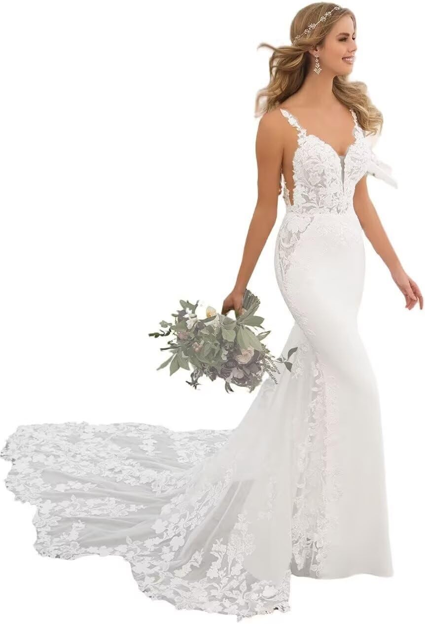 Robes de mariée sirène pour mariée appliques en dentelle dos nu robes de mariée de plage avec train